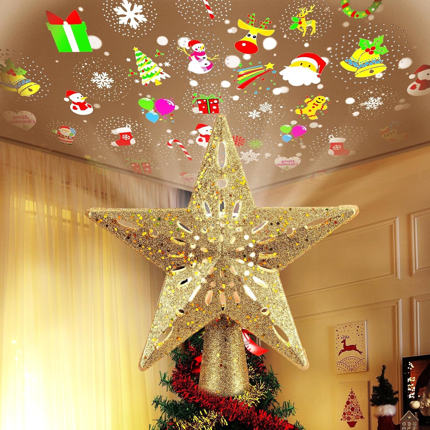 Christmas Star Tree Topper Lighted with 6 Rotating Projection Patterns ...