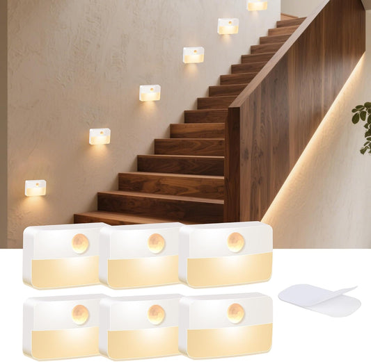 Motion Sensor Night Lights, Set of 6 — Battery Operated LED Stair Lights 